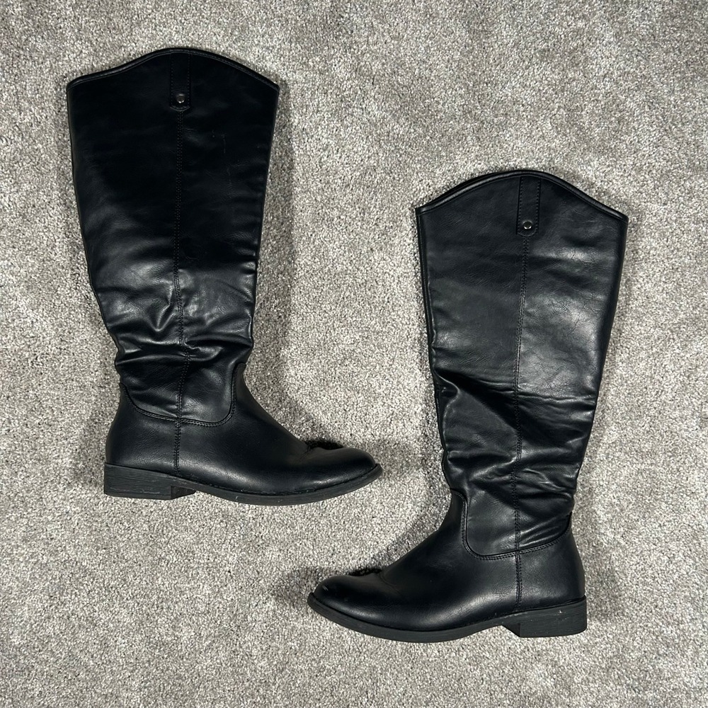 VEPOSE Black Faux Leather Slouchy Knee High Boots CJY956 Low Block Heel Size 9 - Picture 1 of 10